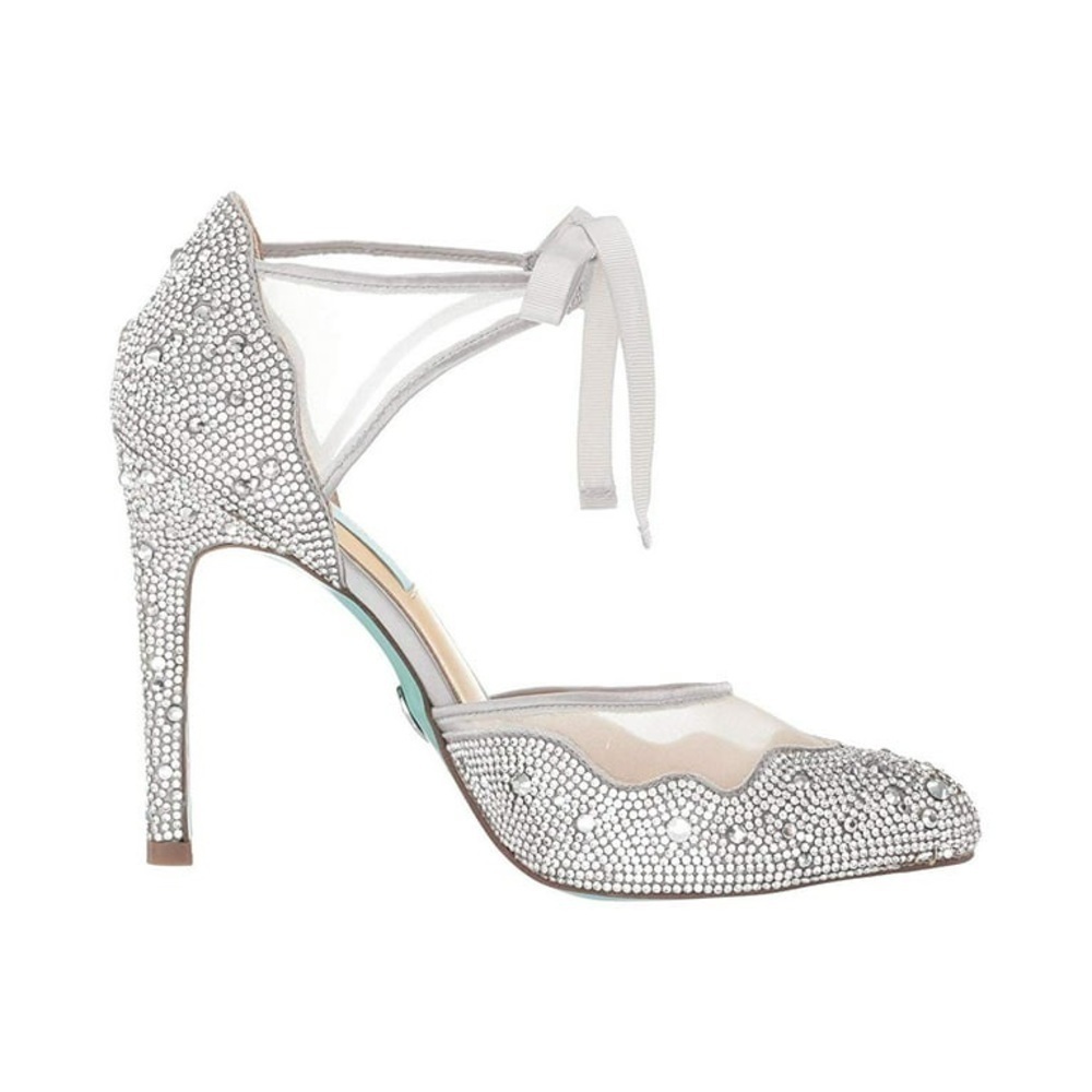 Betsey Johnson New Iris Silver Rhinestone Ankle Strap Stiletto Heels Pumps Bride - Picture 2 of 13